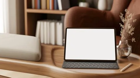 White screen tablet with keyboard and pen on wooden bench aside armchair an.. Stock Illustration