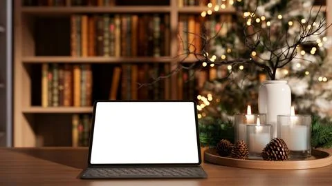White screen tablet with lamp and candles on wooden table across bookshelf .. Stock Illustration