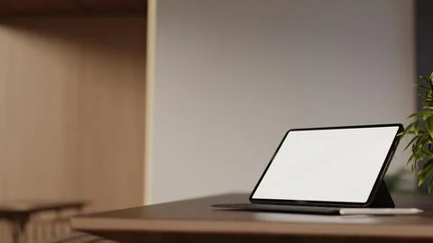 White screen tablet with pencil and keyboard case on wooden countertop tabl.. Stock Illustration