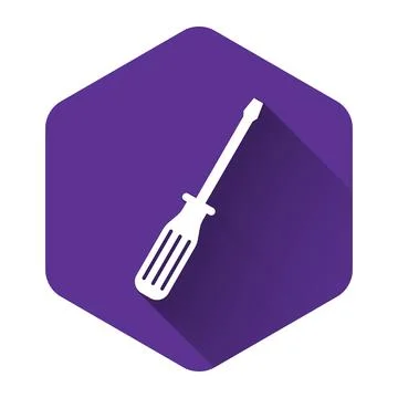 White Screwdriver icon isolated with long shadow. Purple hexagon button. Vector Stock Illustration