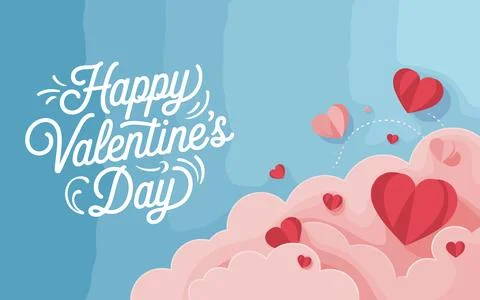 White script text Happy Valentines Day with red hearts and pink clouds Illustrazione stock