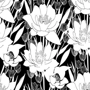 White seamless abstract pattern of large flowers on a black background, tex.. Stock Illustration