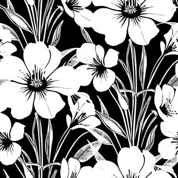 White seamless abstract pattern of large flowers on a black background, tex.. Stock Illustration