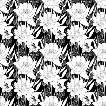 White seamless abstract pattern of large flowers on a black background, tex.. Stock Illustration