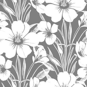 White seamless abstract pattern of large flowers on a gray background, text.. Stock Illustration