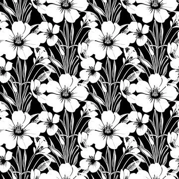 White seamless abstract pattern of large flowers on a black background, tex.. Stock Illustration