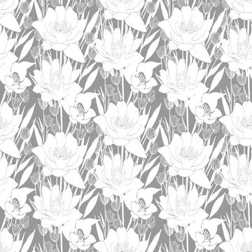 White seamless abstract pattern of large flowers on a gray background, text.. Stock Illustration
