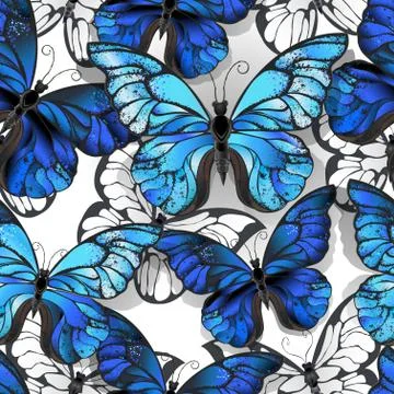 White seamless pattern with blue butterflies Ilustración de archivo