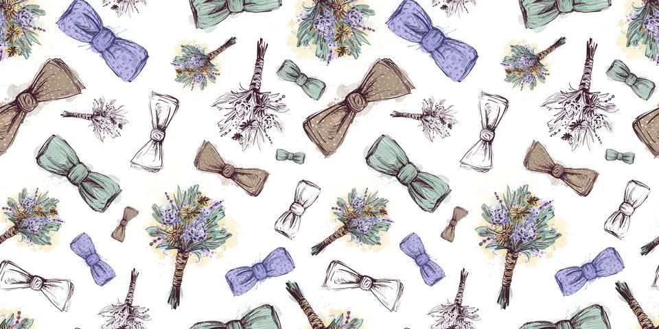 White seamless pattern with bow tie boutonniere. Watercolor pattern for a Illustrazione stock