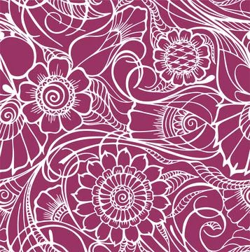 White seamless pattern on a bright pink background, floral repeating pattern, Stock Illustration