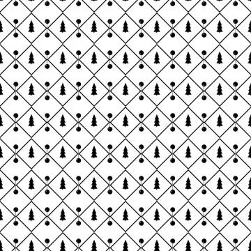 White seamless pattern for Christmas. Black trees and rhombs on a white Stock Illustration