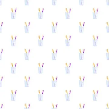 White seamless pattern featuring toothbrushes in glass cups Illustrazione stock