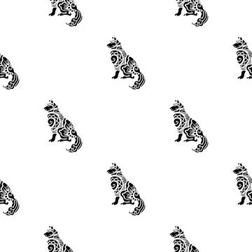 White seamless pattern with silhouette of a wolf or dog, mandala style dog. Stockillustratie