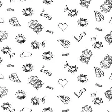 White seamless pattern for web or wrapping. Doodle drawings on a white backgr Stock Illustration