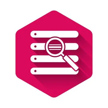 White Search in a browser window icon isolated with long shadow. Pink hexagon Stock Illustration