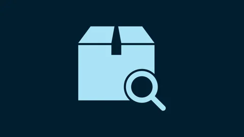 White Search package icon isolated on blue background. Parcel tracking symbol Stock Footage 230024590