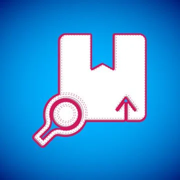 White Search package icon isolated on blue background. Parcel tracking symbol Illustrazione stock