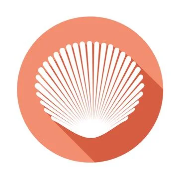 White seashell on light pink round background. Flat icon with long shadow. Ra Illustrazione stock