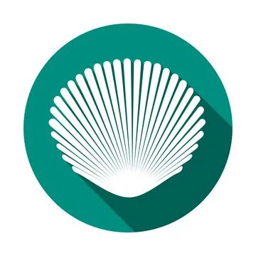 White seashell on turquoise round background. Flat icon with long shadow. Ras Stock Illustration