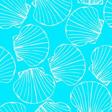 White seashells on blue background sea ocean shell pattern Stock Illustration