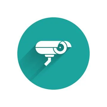 White Security camera icon isolated with long shadow. Green circle button Stock Illustration