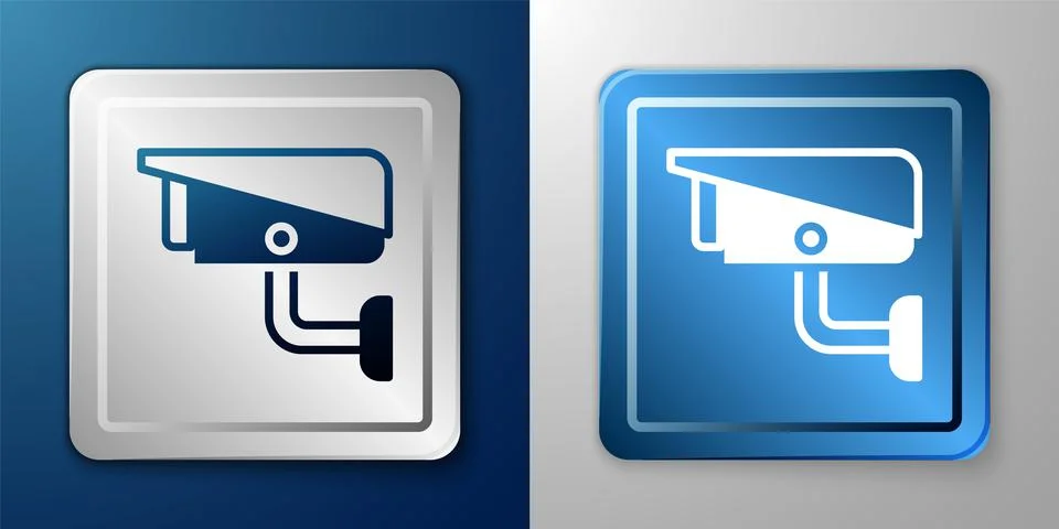White Security camera icon isolated on blue and grey background. Silver and blue Illustrazione stock