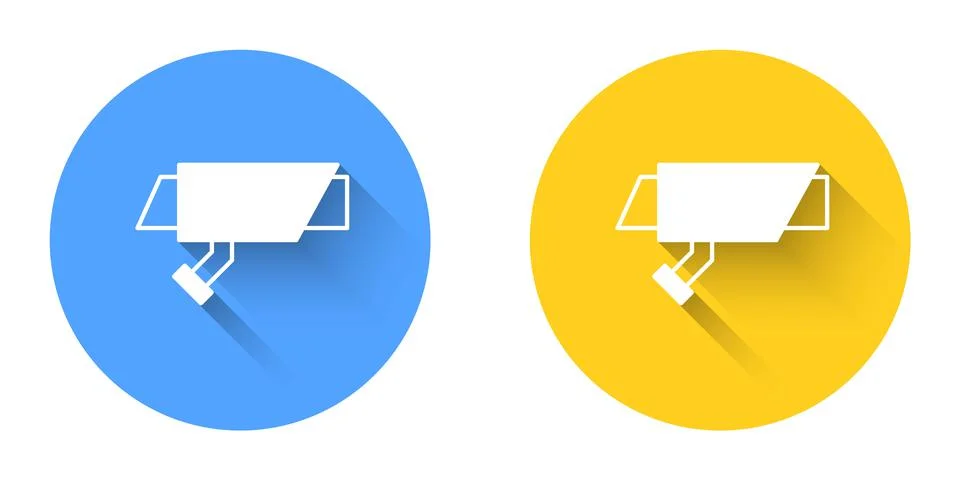 White Security camera icon isolated with long shadow background. Circle button Illustrazione stock