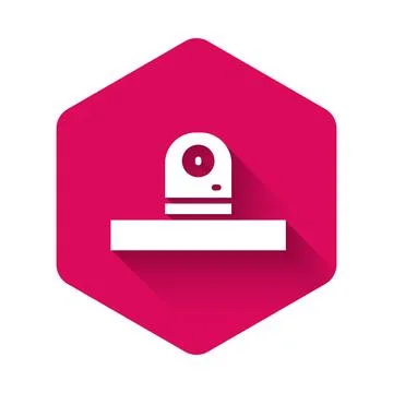 White Security camera icon isolated with long shadow. Pink hexagon button. Ve Illustrazione stock