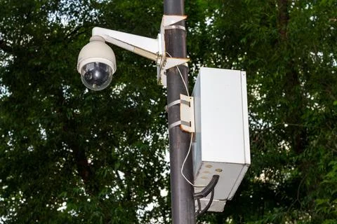 White security surveillance camera mounted on a metal pole against green Foto stock