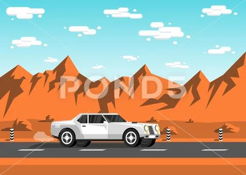 White sedan car rides along an empty highway Stock Illustration