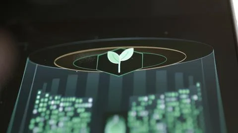 White seedling icon sits inside green and gold rings Stock Photos