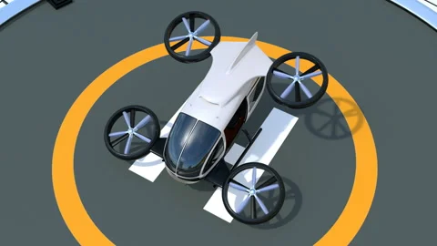 White self-driving passenger drone takeoff from helipad Video stock 88011462