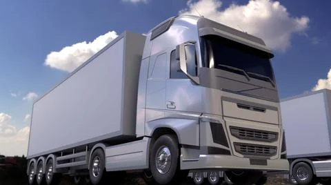 White semi trucks loading or unloading. Cargo logistics concept. 3d rendering Illustrazione stock
