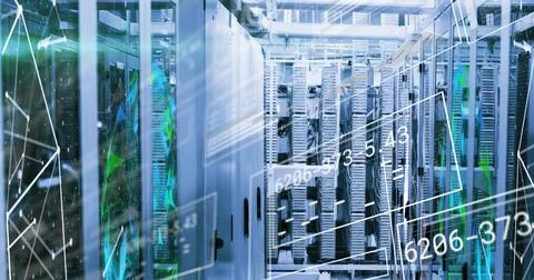 White server cabinet door left in data center glowing blue, with cable bundles, Foto stock