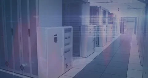 White server cabinets lining data center corridor, with overhead cable trays and Stock Photos