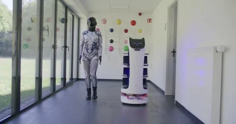 White Service Robot and Cyborg Woman Walking in Office Hallway, Wide Shot Vídeos de archivo 341298792