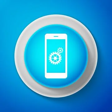 White Setting on smartphone screen icon isolated on blue background. Mobile Illustrazione stock