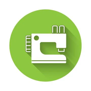 White Sewing machine icon isolated with long shadow. Green circle button. Vector Stock Illustration