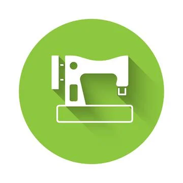 White Sewing machine icon isolated with long shadow. Green circle button. Vector Illustrazione stock