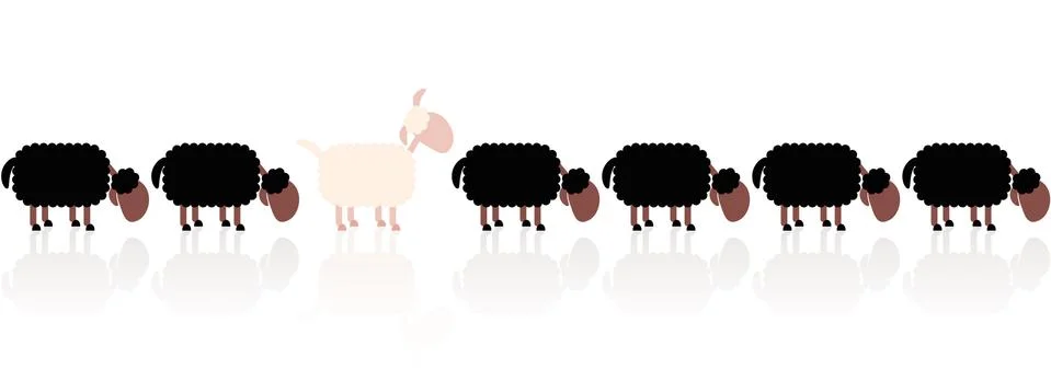 White Sheep Among Black Sheep Cartoon Stock Illustration