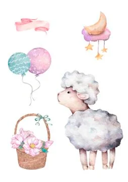 White Sheep Baby Lamb. Cute Watercolor cartoon illustration Isolated on White Stock Illustration