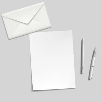 White sheet, envelope, pen and pencil on the table 스톡 일러스트