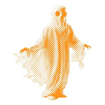 White sheet ghost - Halloween halftone dotted realistic clipart. Offset texture Illustrazione stock