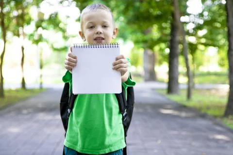 White sheet of notebook in the hands of a boy  Stock Photos