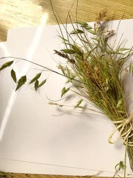 White sheet of paper and a bundle of meadow grass with a string on a wooden t Stock Photos
