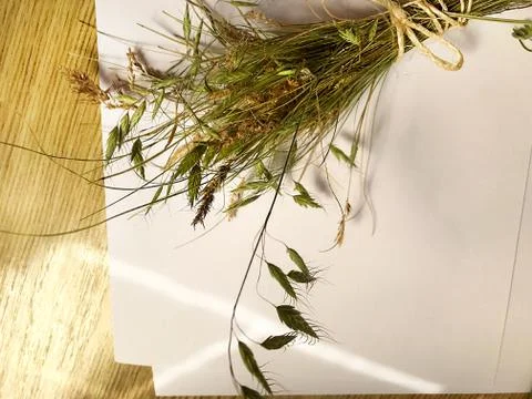 White sheet of paper and a bundle of meadow grass with a string on a wooden t Stock Photos