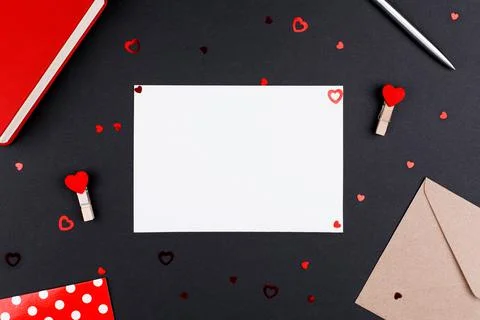 White sheet postcard place for text on Valentine's Day, Flat Lay Stock Photos