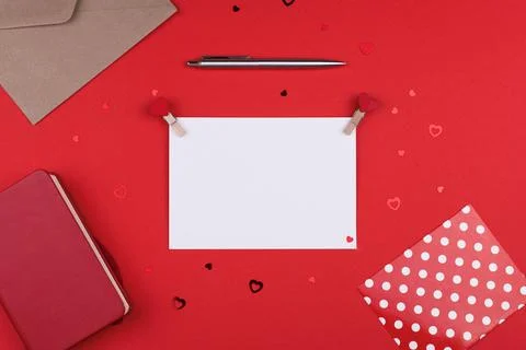 White sheet postcard place for text on Valentine's Day, Flat Lay Stock Photos