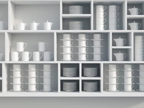 White shelf with dishes, 3D Rendering Stockillustratie