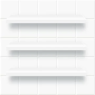 White shelf on wall. Bathroom or kitchen interior with product podium. Vector Stock Illustration
